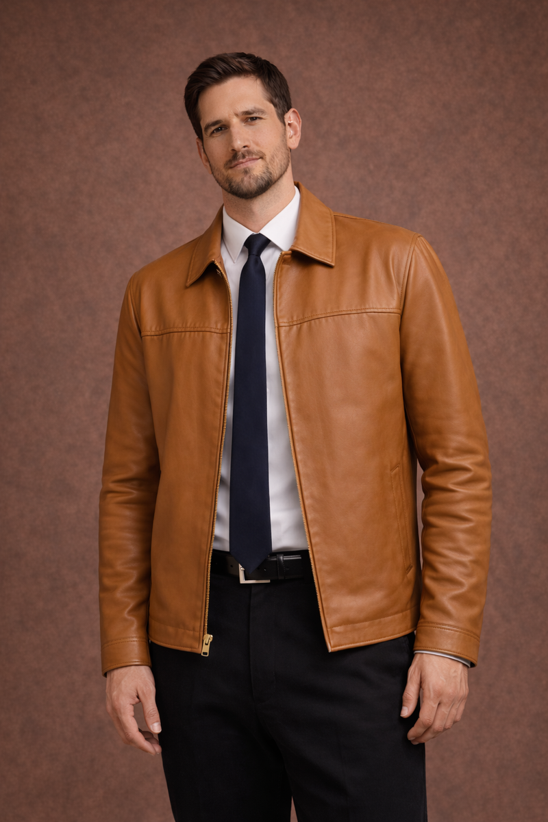 The Signature Zip-Front Leather Jacket — Brown