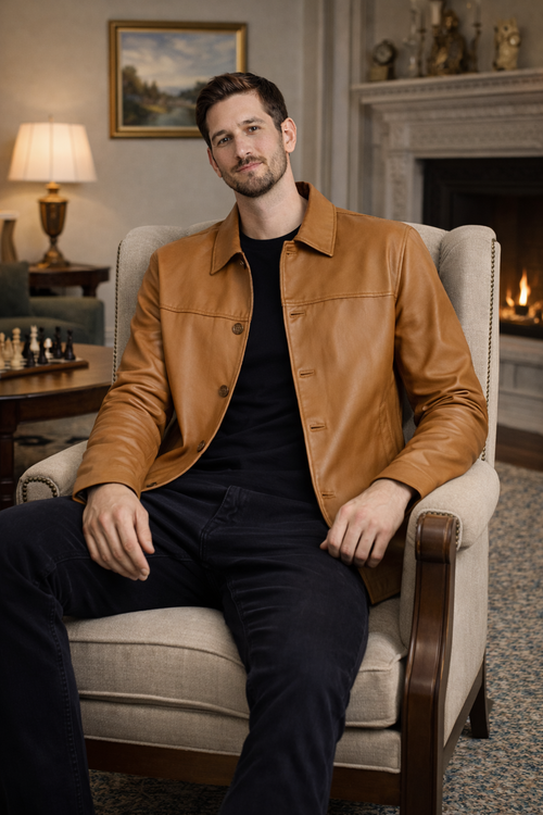 Mohenjo-daro Sheep Leather  Buttons Jacket - BROWN