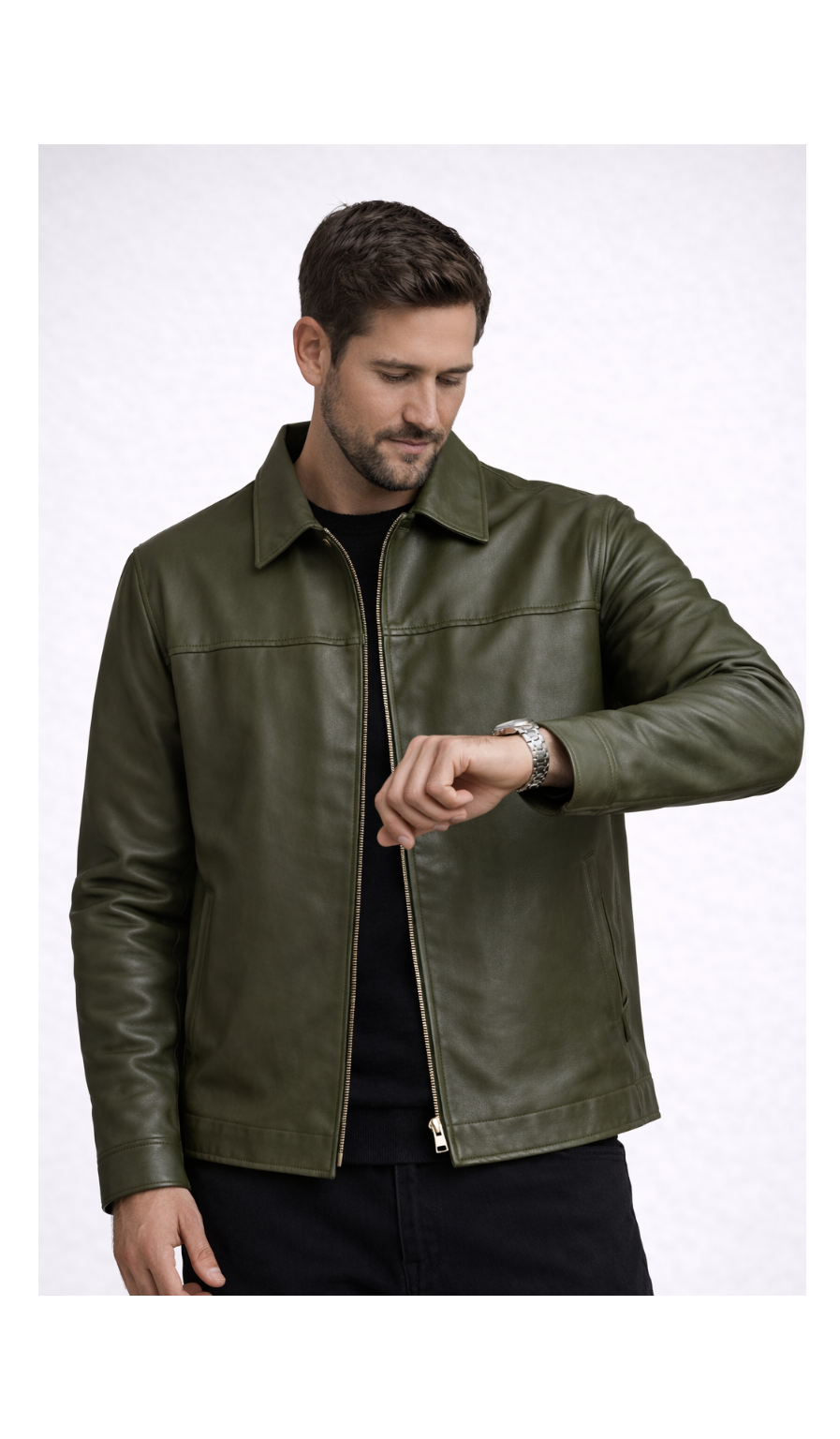Mohenjo-daro Sheep Leather Zipper Jacket - Olive Grey