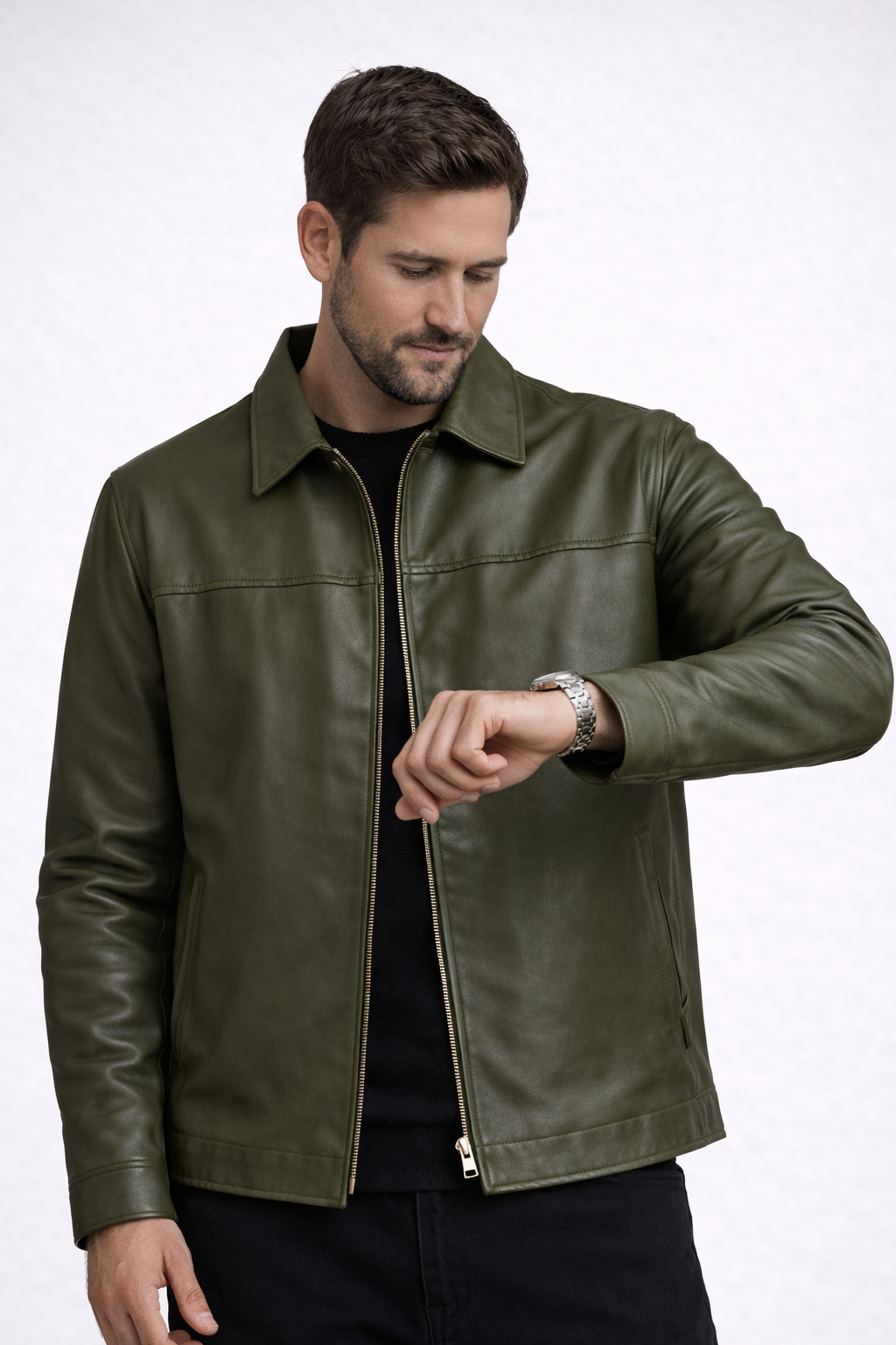 Mohenjo-daro Sheep Leather Zipper Jacket - GREEN
