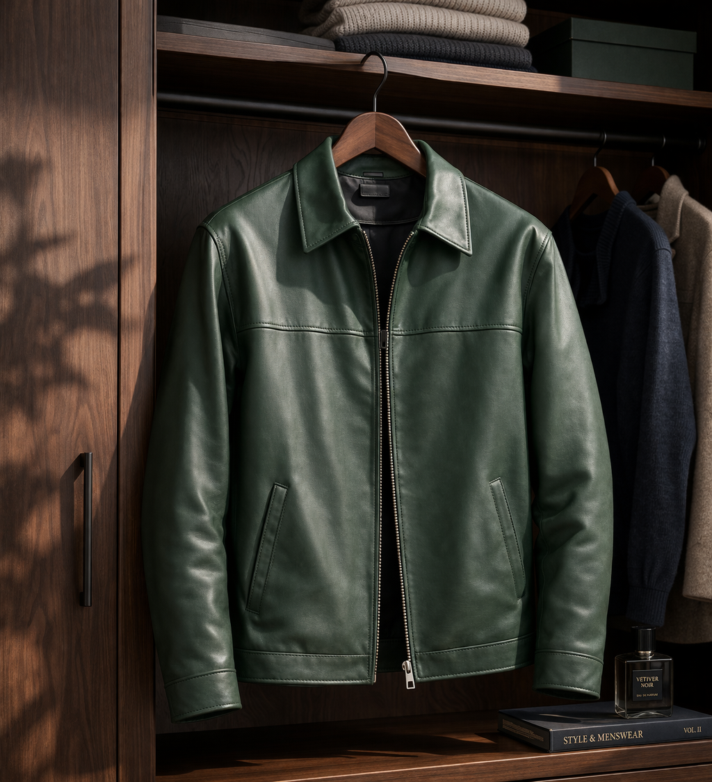 Mohenjo-daro Sheep Leather Zipper Jacket - GREEN