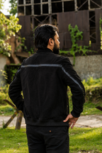 DASTAN LINEAGE black lamb suede jacket, back outdoor view