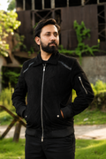 DASTAN LINEAGE black lamb suede jacket, front outdoor view
