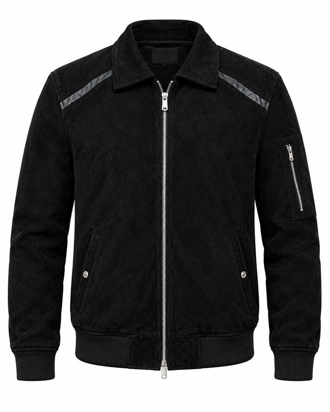 DASTAN LINEAGE black lamb suede jacket, studio front view