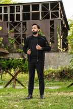 DASTAN LINEAGE black lamb suede jacket, full-length outdoor view