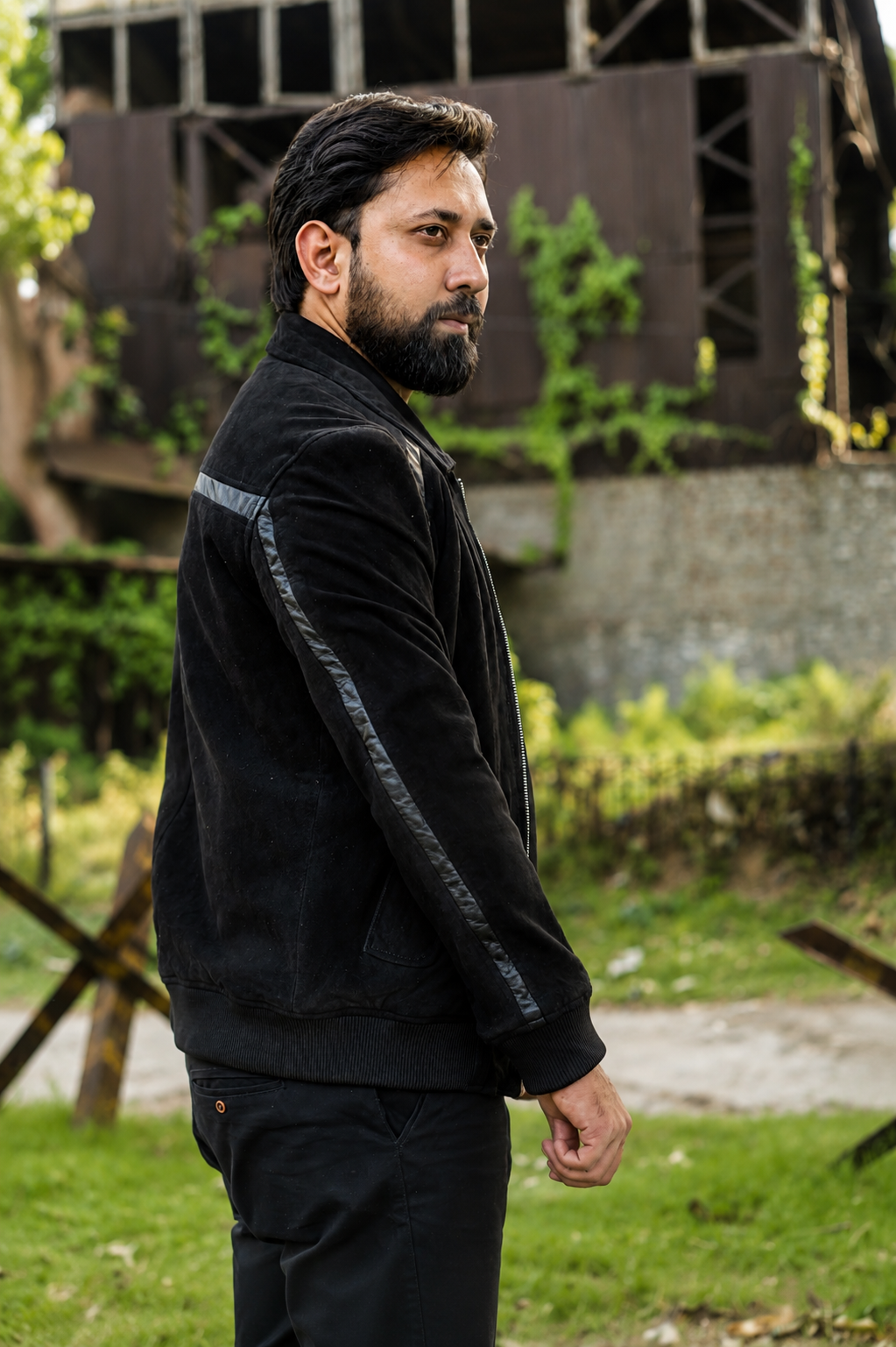 DASTAN LINEAGE black lamb suede jacket, side outdoor view showing leather line detailing