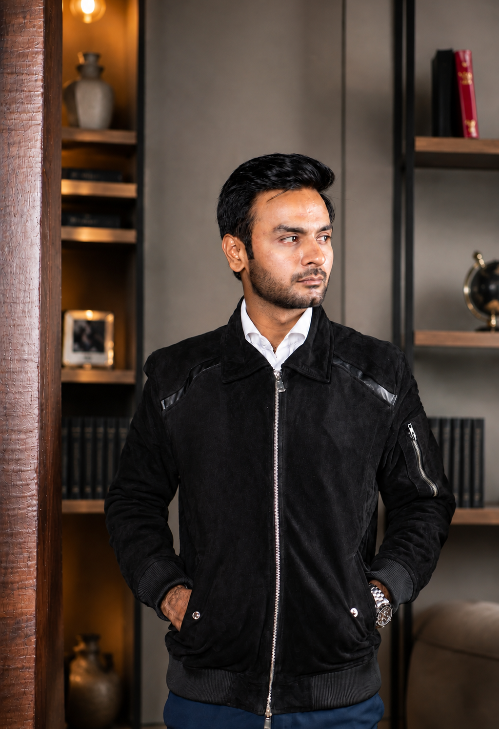 DASTAN LINEAGE black lamb suede jacket, styled indoors