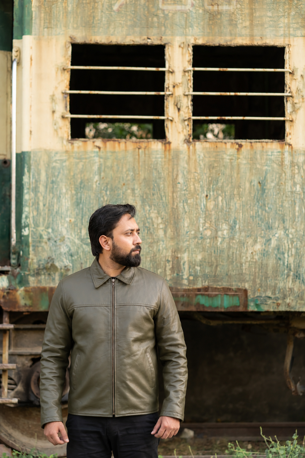 DASTAN Signature Olive Grey zip-front leather jacket, full standing view