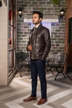 DASTAN TERRACOTTA SENTINEL brown leather jacket, full-length side view
