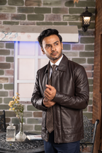 DASTAN TERRACOTTA SENTINEL brown leather jacket, three-quarter view