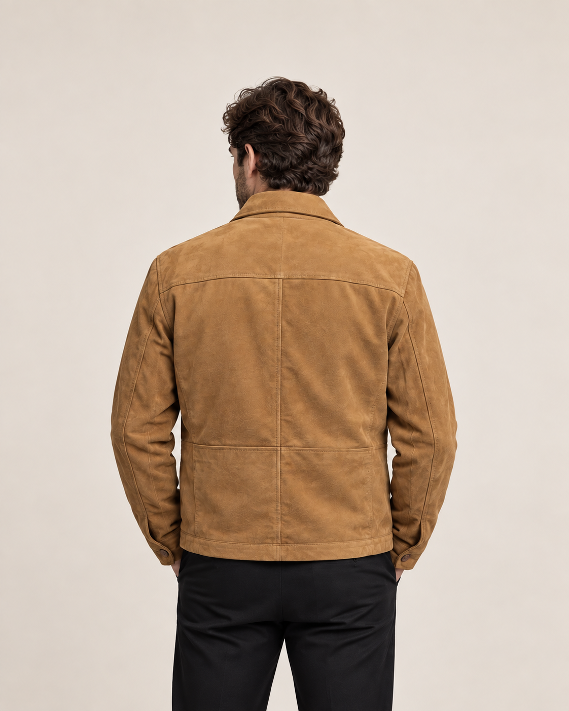 DASTAN THE ARTISAN brown lamb suede chore jacket, back view