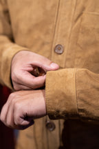 DASTAN THE ARTISAN brown lamb suede jacket, cuff and button detail