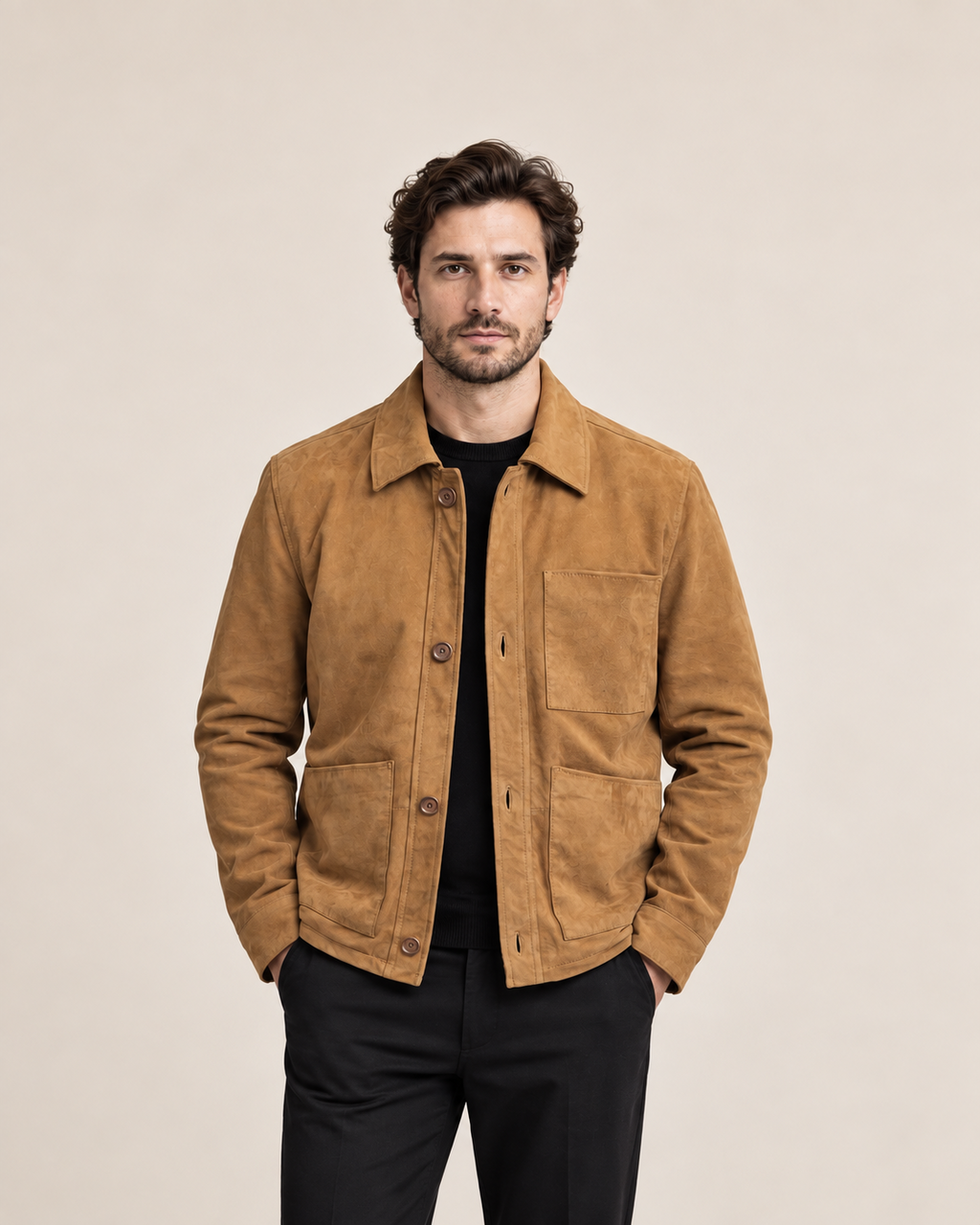 DASTAN THE ARTISAN brown lamb suede chore jacket, front view