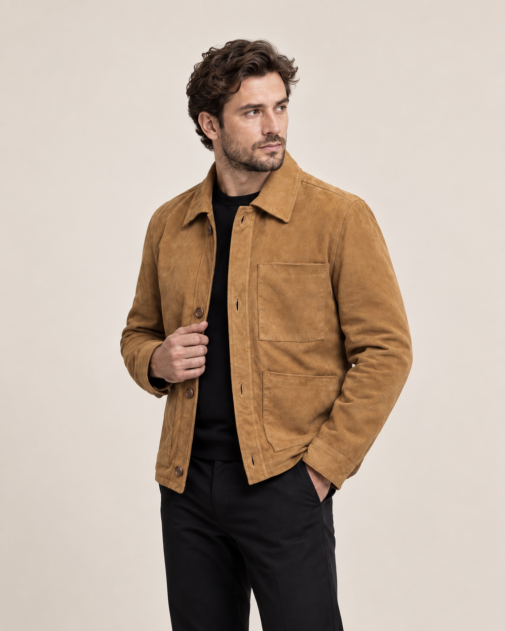DASTAN THE ARTISAN brown lamb suede chore jacket, three-quarter view