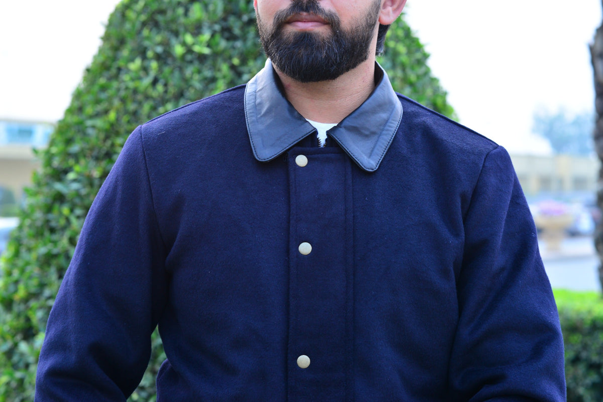 DASTAN THE ENVOY Navy Blue wool and leather collar detail