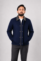 DASTAN THE ENVOY wool jacket in Navy Blue, front view with leather collar
