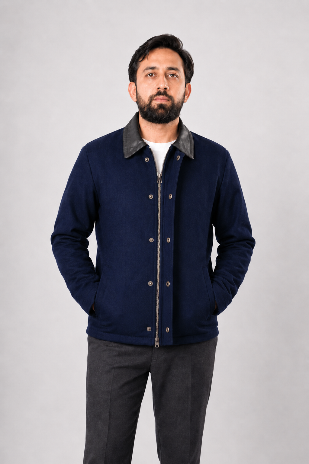 DASTAN THE ENVOY wool jacket in Navy Blue, front view with leather collar