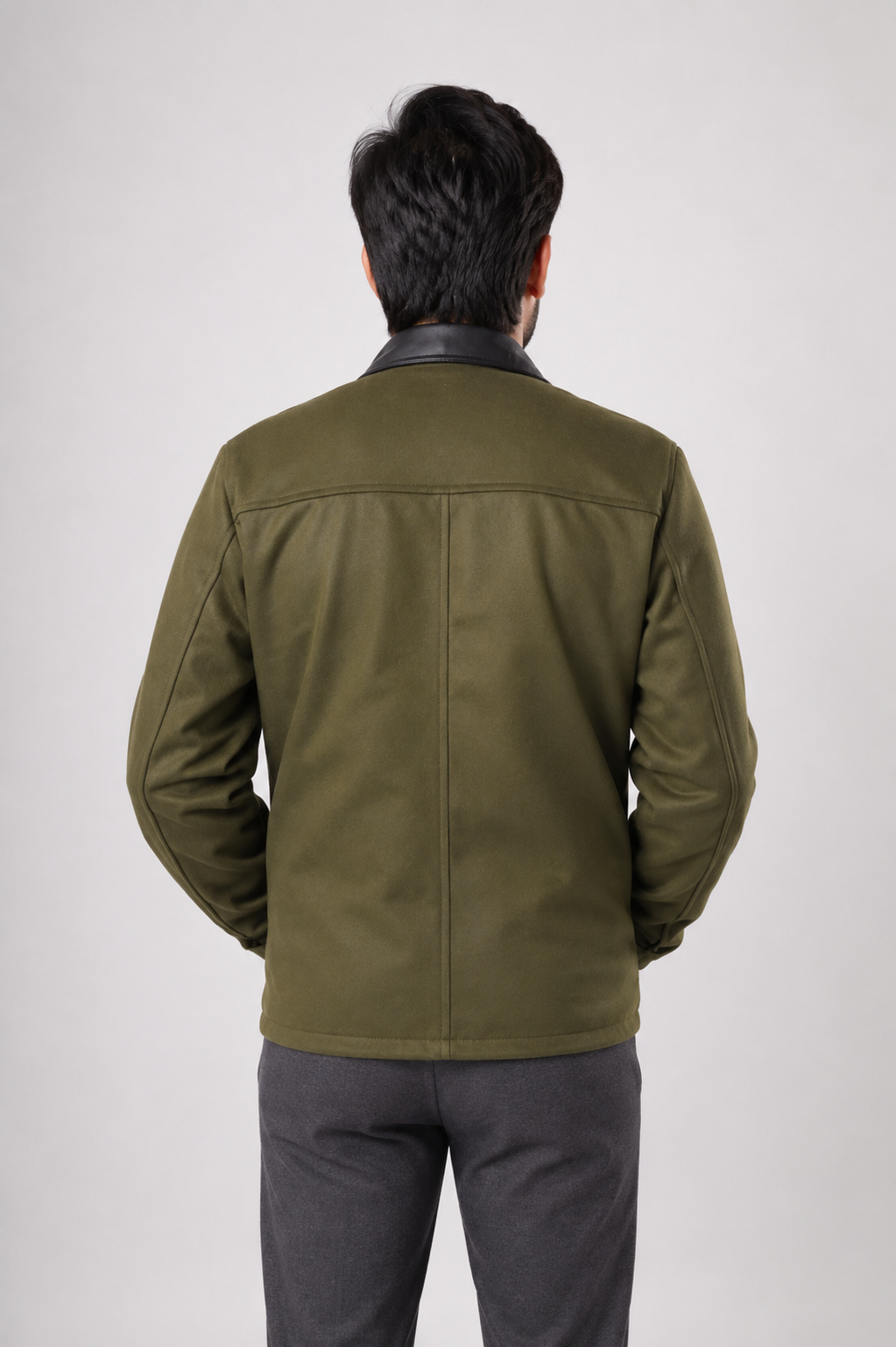 DASTAN THE ENVOY wool jacket in Olive Green, back view