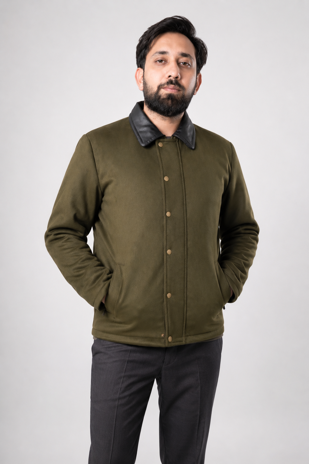 DASTAN THE ENVOY wool jacket in Olive Green, front view with leather collar