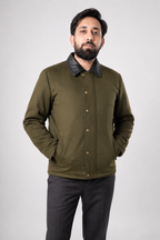 DASTAN THE ENVOY wool jacket in Olive Green, front view with leather collar