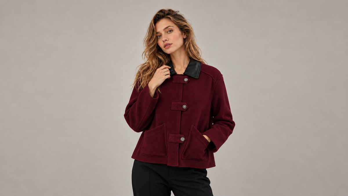 PARISA burgundy wine jacket in the DASTAN Winter Collection 2026–27